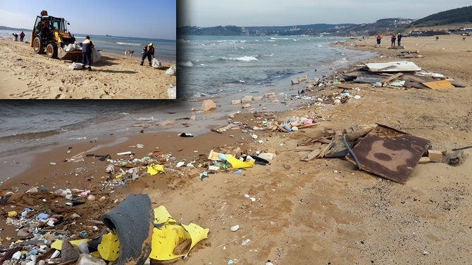 İBB Deniz Hizmetleri Müdürlüğü Kilyos Sahili'ni temizliyor